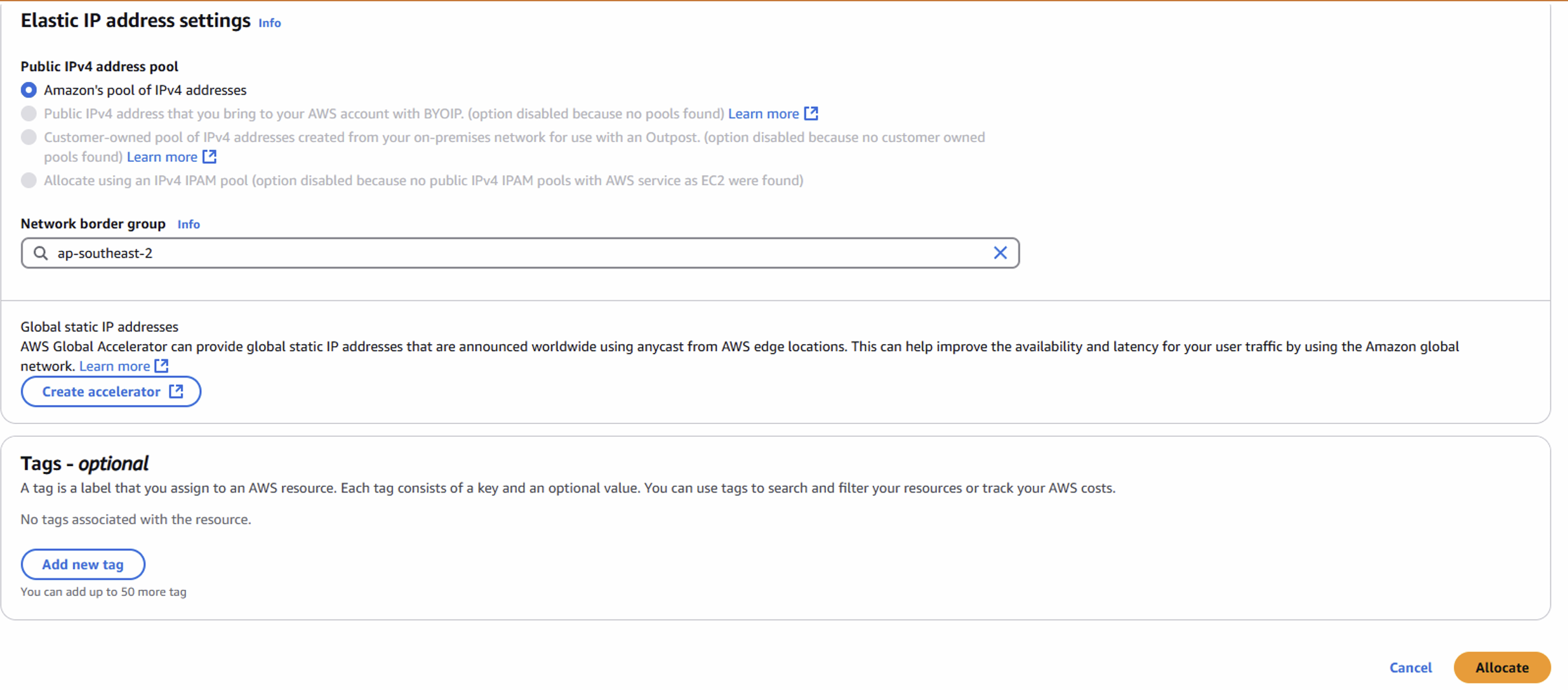 Elastic IP setup showing allocation