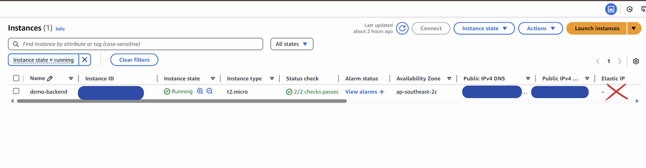 Instance running showing status and IP address