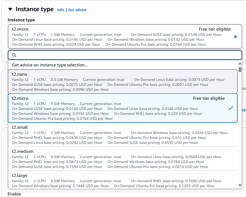 Instance type selection showing t2.micro