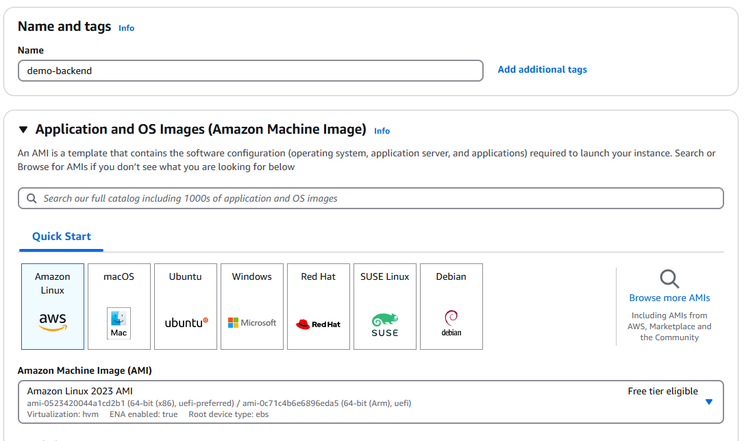 EC2 instance creation showing name and OS selection