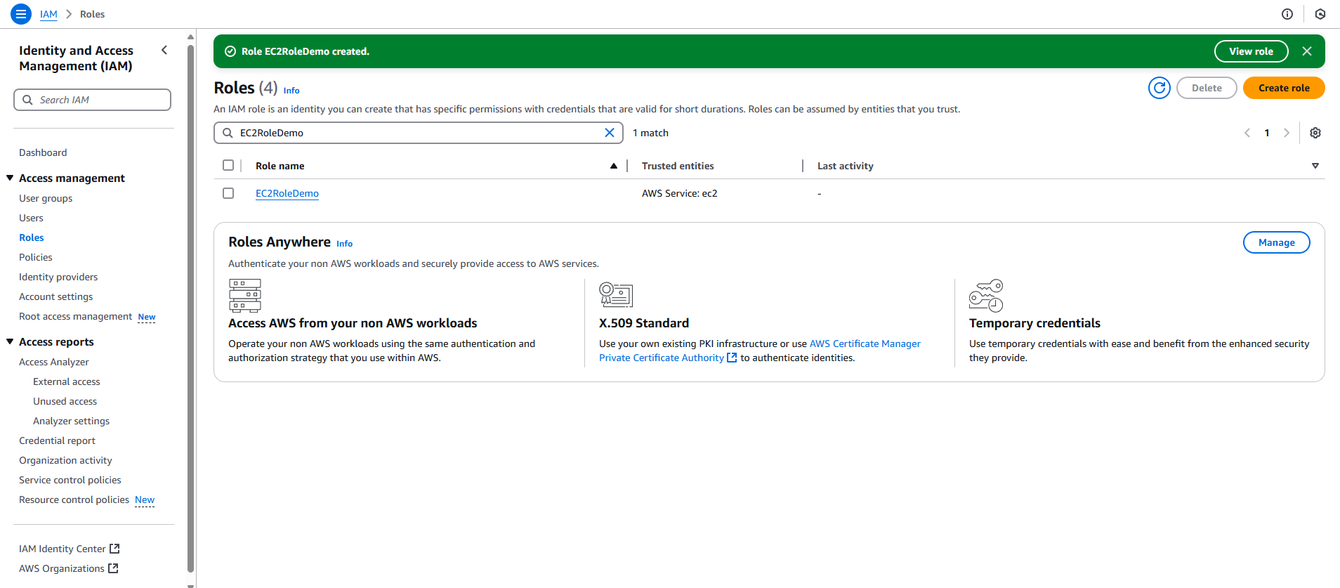 Successfully created IAM role