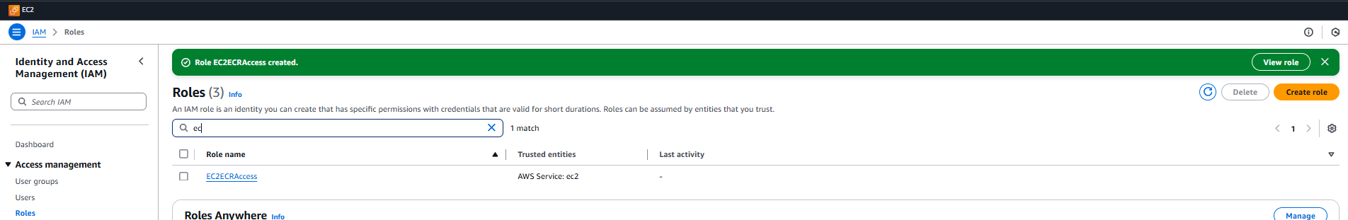Successfully created IAM role