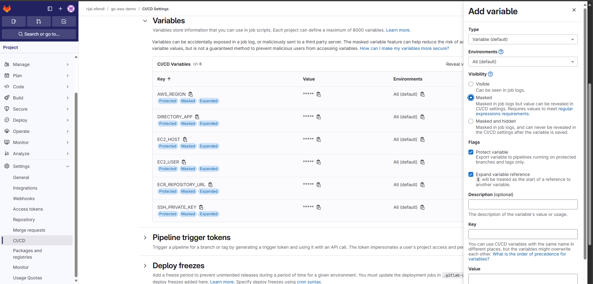 GitLab CI/CD Variables section