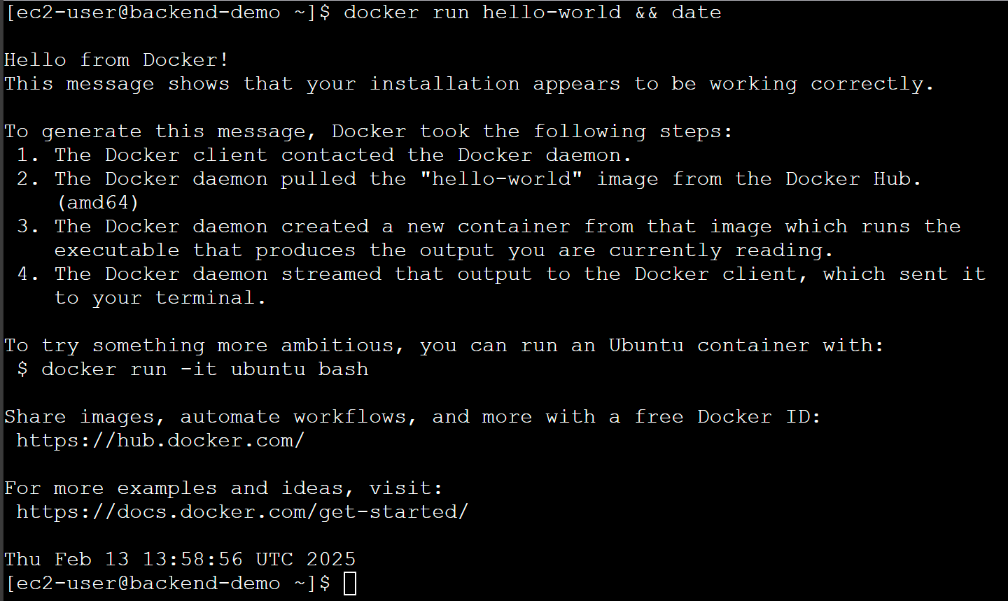 Docker hello-world test showing successful run